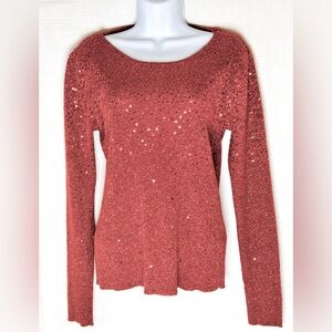 ONCE AGAIN RED & SEQUIN LONG SLEEVE KNIT SWEATER. WOMENS LARGE